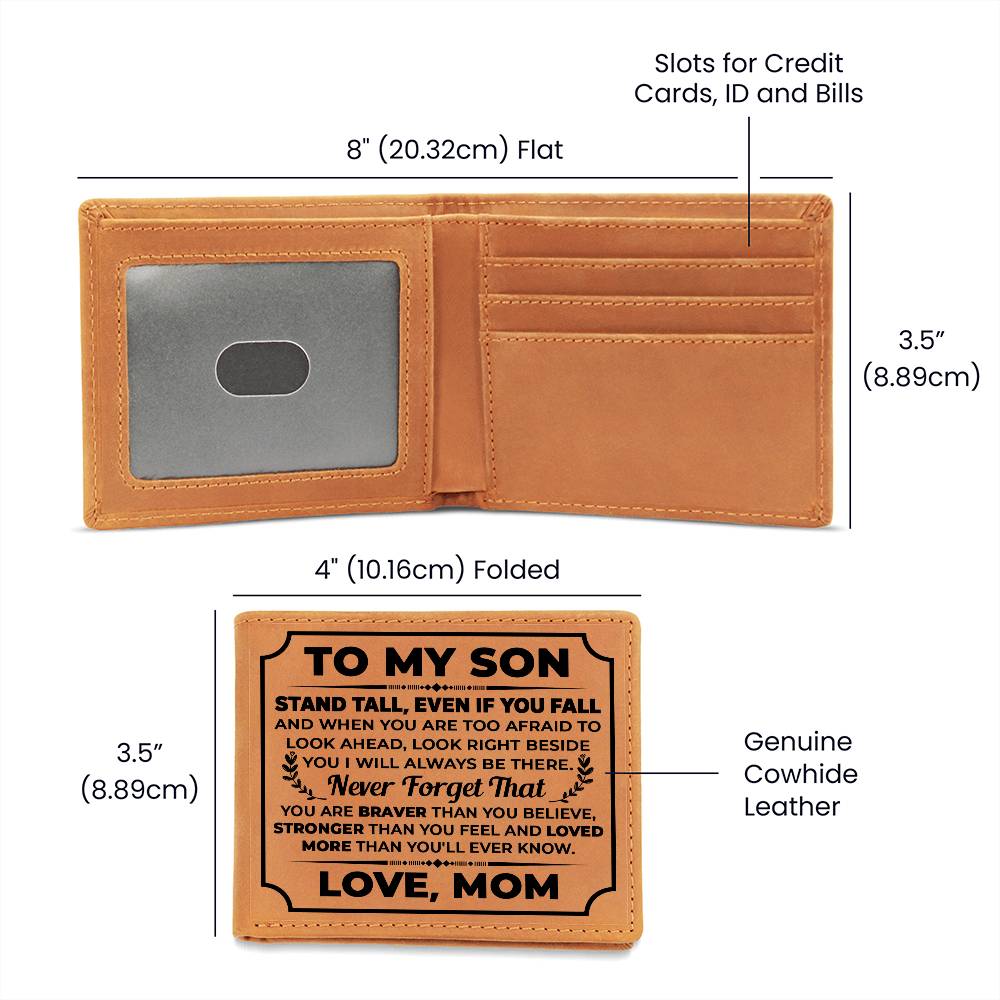 To My Son Stand Tall genuine leather wallet shown as a meaningful gift from Mom.