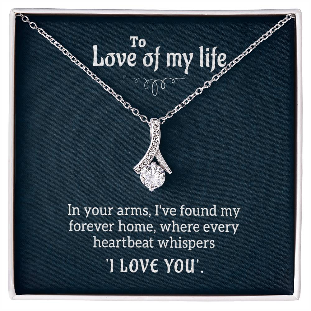 Ribbon-shaped cubic zirconia necklace displayed with a romantic Love of My Life message card.