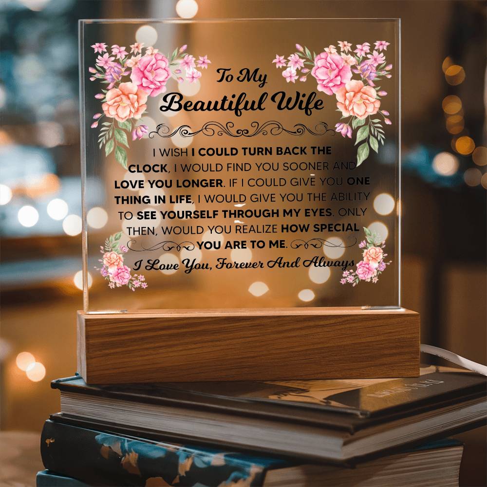 Romantic floral wife plaque displayed with its warm LED light turned on.