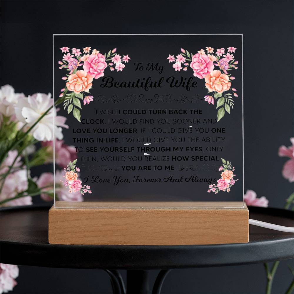 Close view of the romantic message printed on the LED acrylic plaque for a wife.