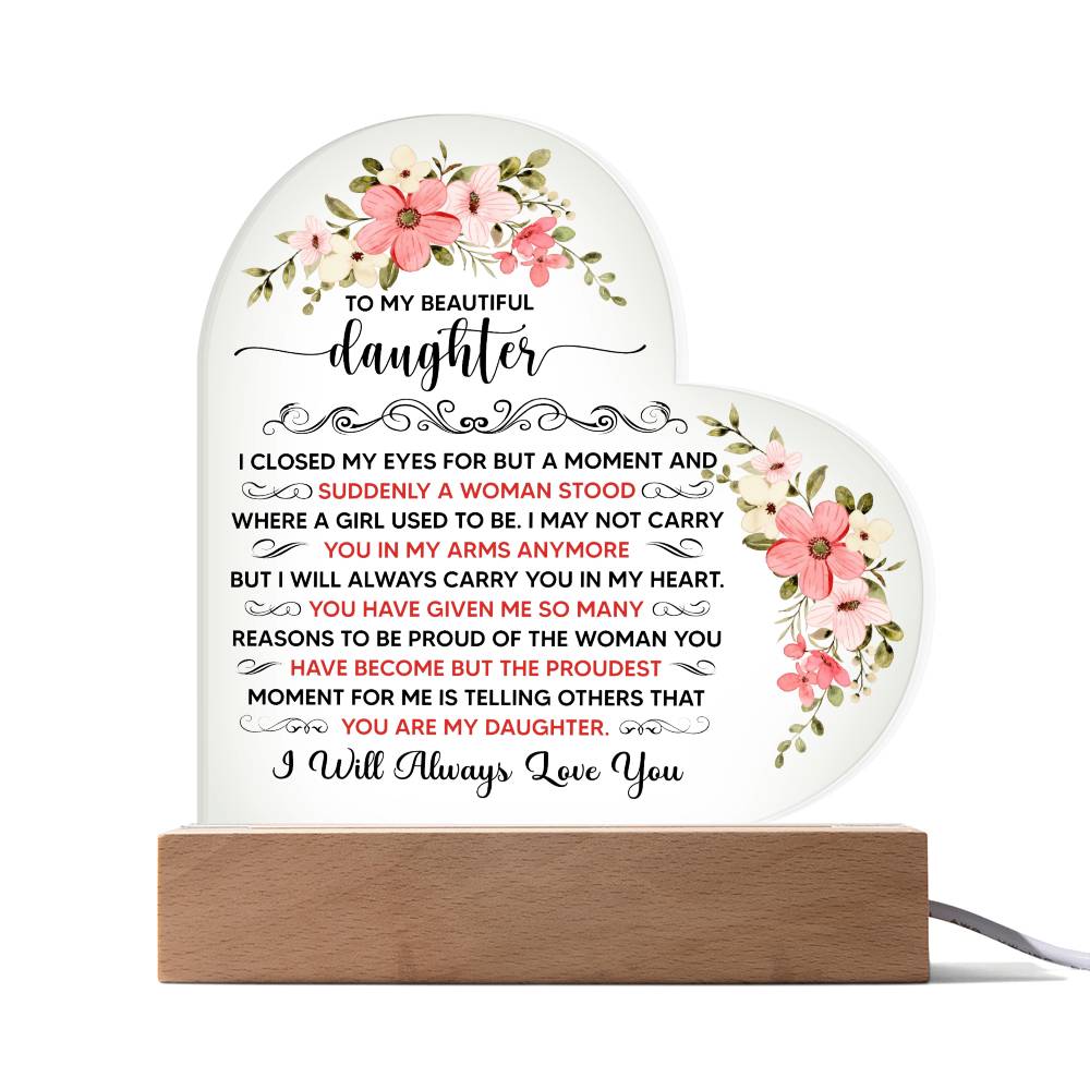 To My Beautiful Daughter – Heart-Shaped LED Acrylic Plaque