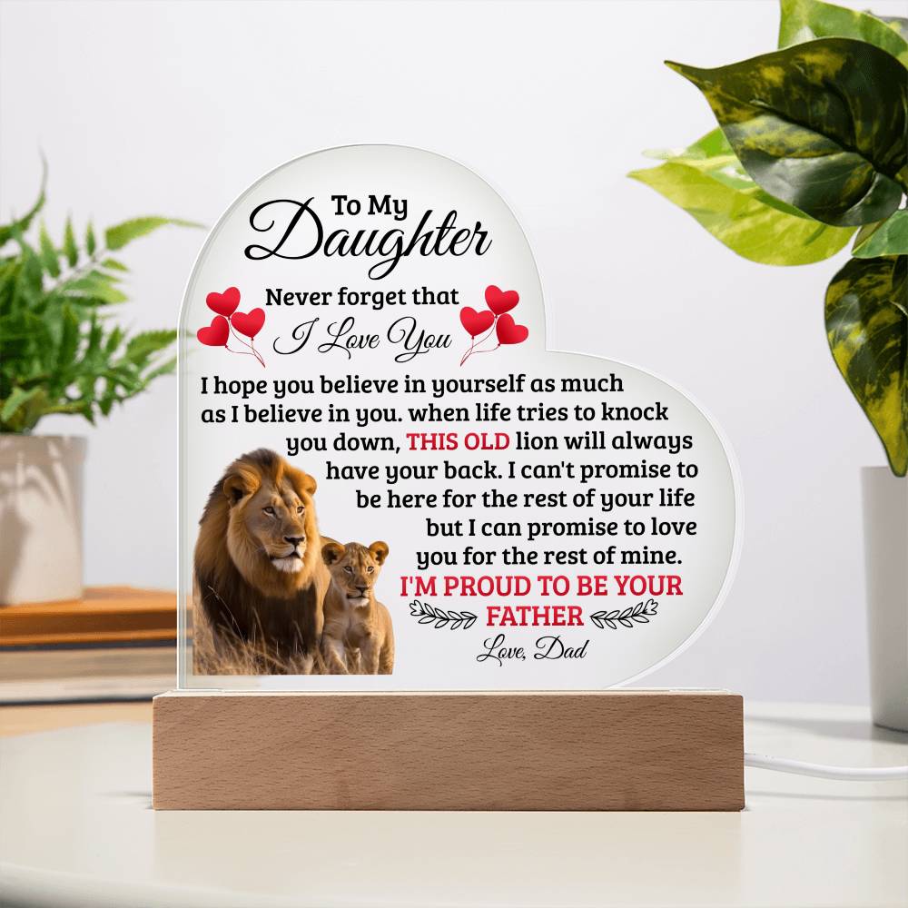 To My Daughter This Old Lion Has Your Back Heart-Shaped LED Plaque From Dad