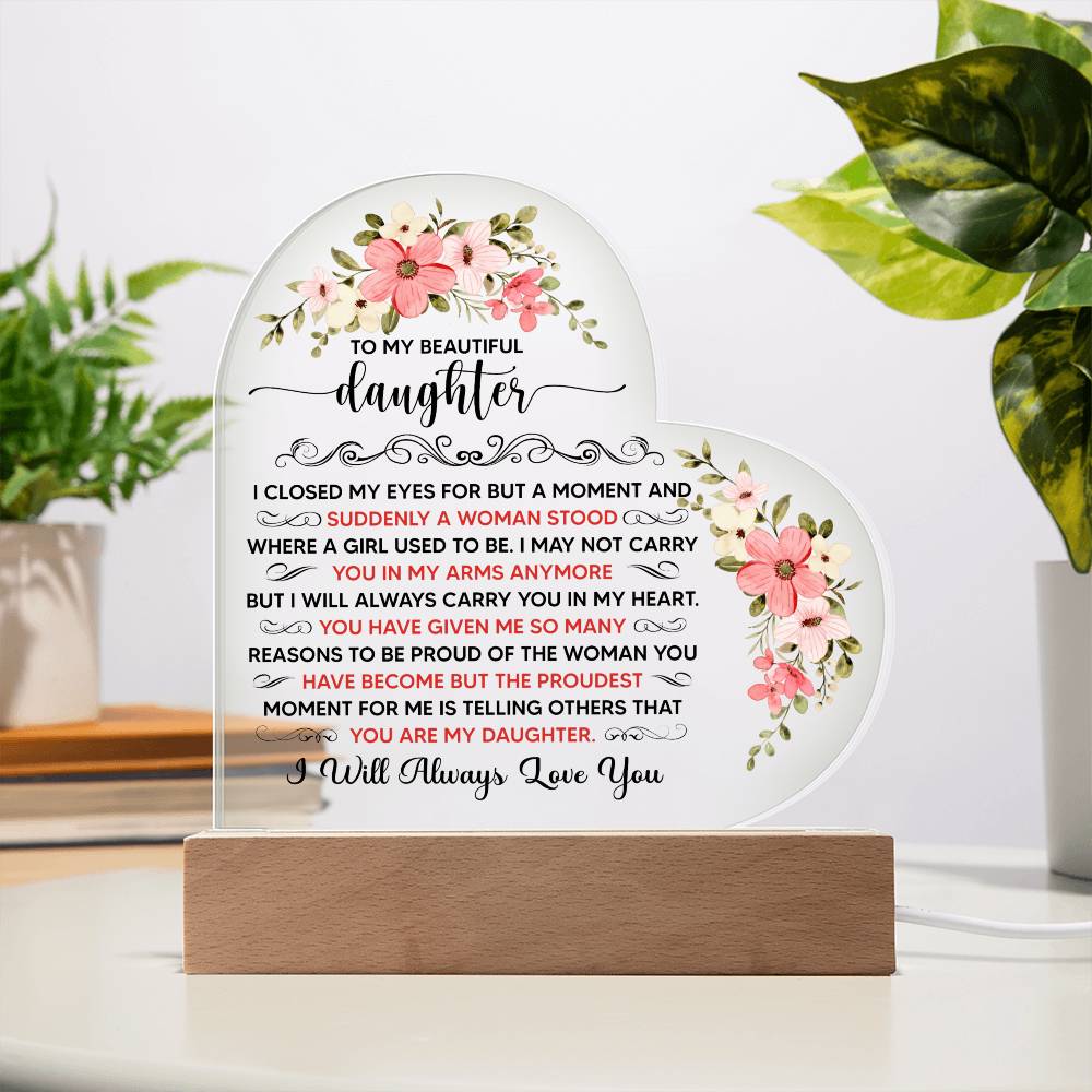 To My Beautiful Daughter – Heart-Shaped LED Acrylic Plaque