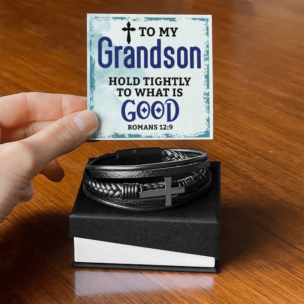 To My Grandson – Hold Tightly Cross Leather Bracelet