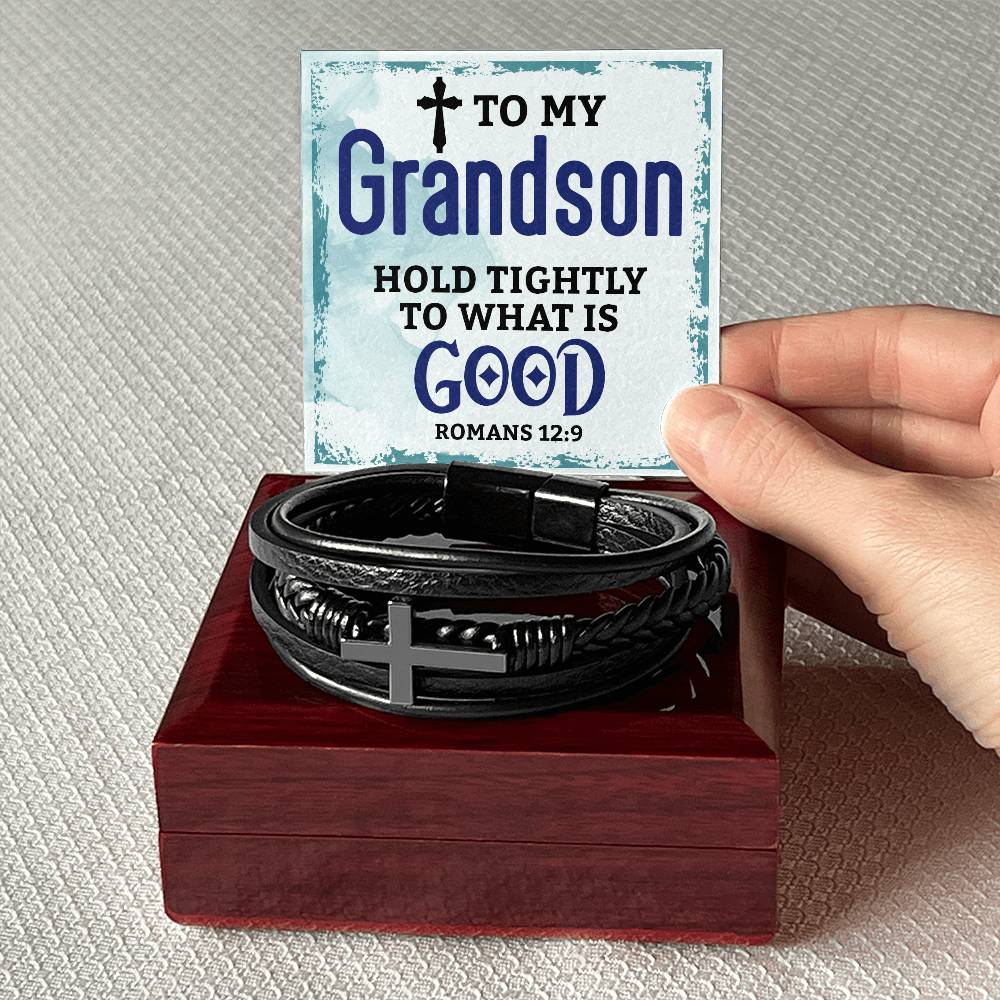 To My Grandson – Hold Tightly Cross Leather Bracelet