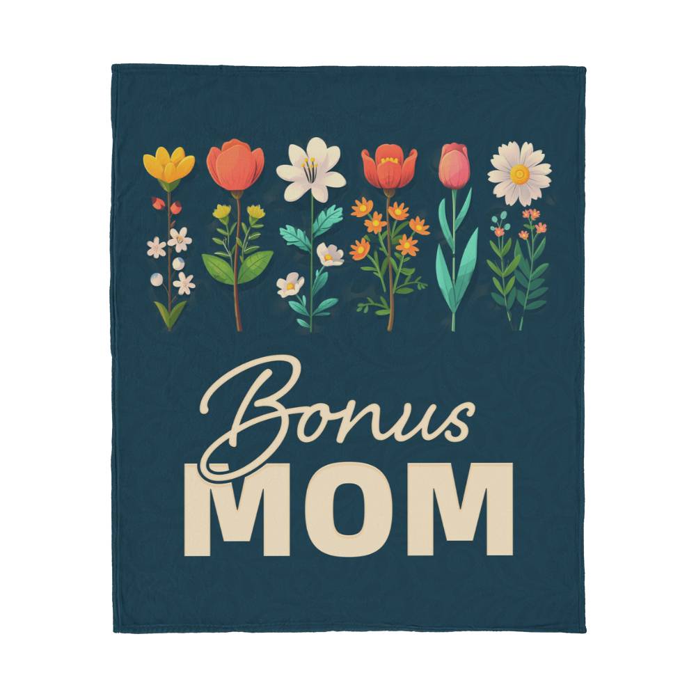 Teal floral Bonus Mom fleece blanket with a meaningful appreciation message.