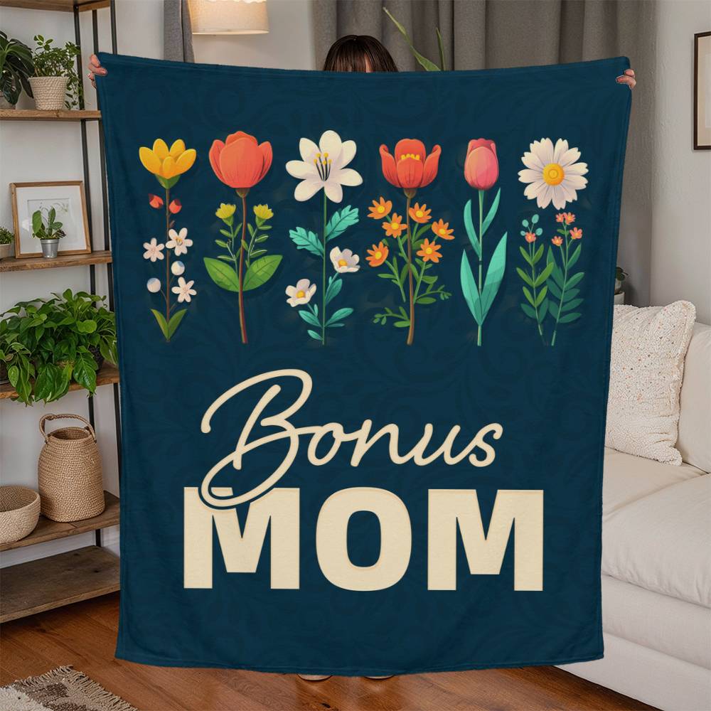 Soft 50 by 60 inch Bonus Mom jersey fleece blanket shown as a heartfelt family gift.
