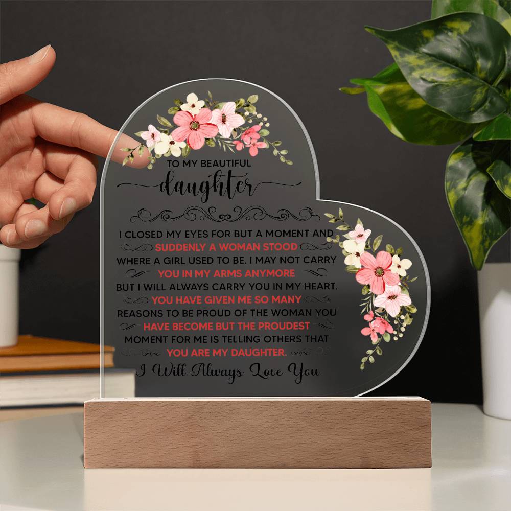To My Beautiful Daughter – Heart-Shaped LED Acrylic Plaque