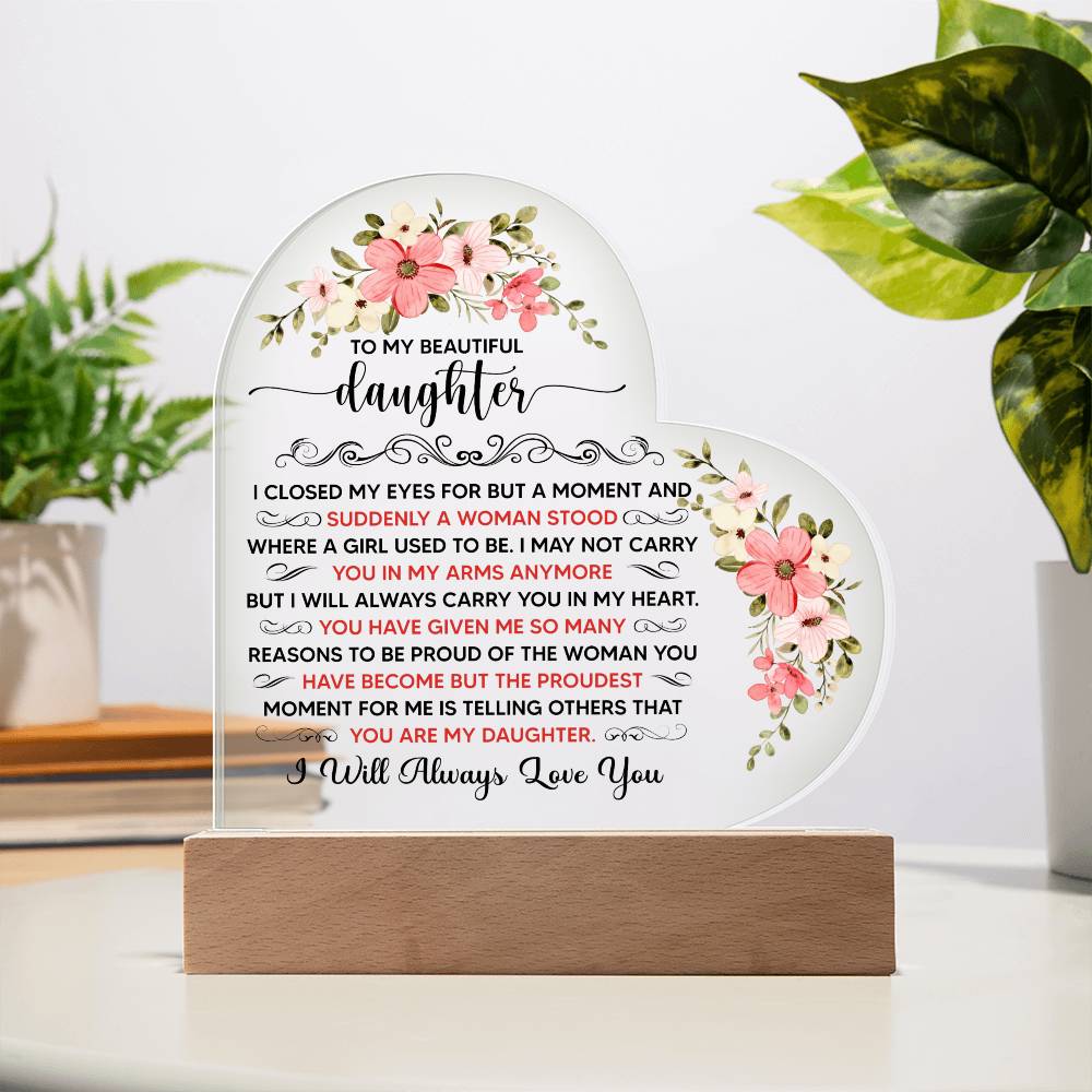 To My Beautiful Daughter – Heart-Shaped LED Acrylic Plaque