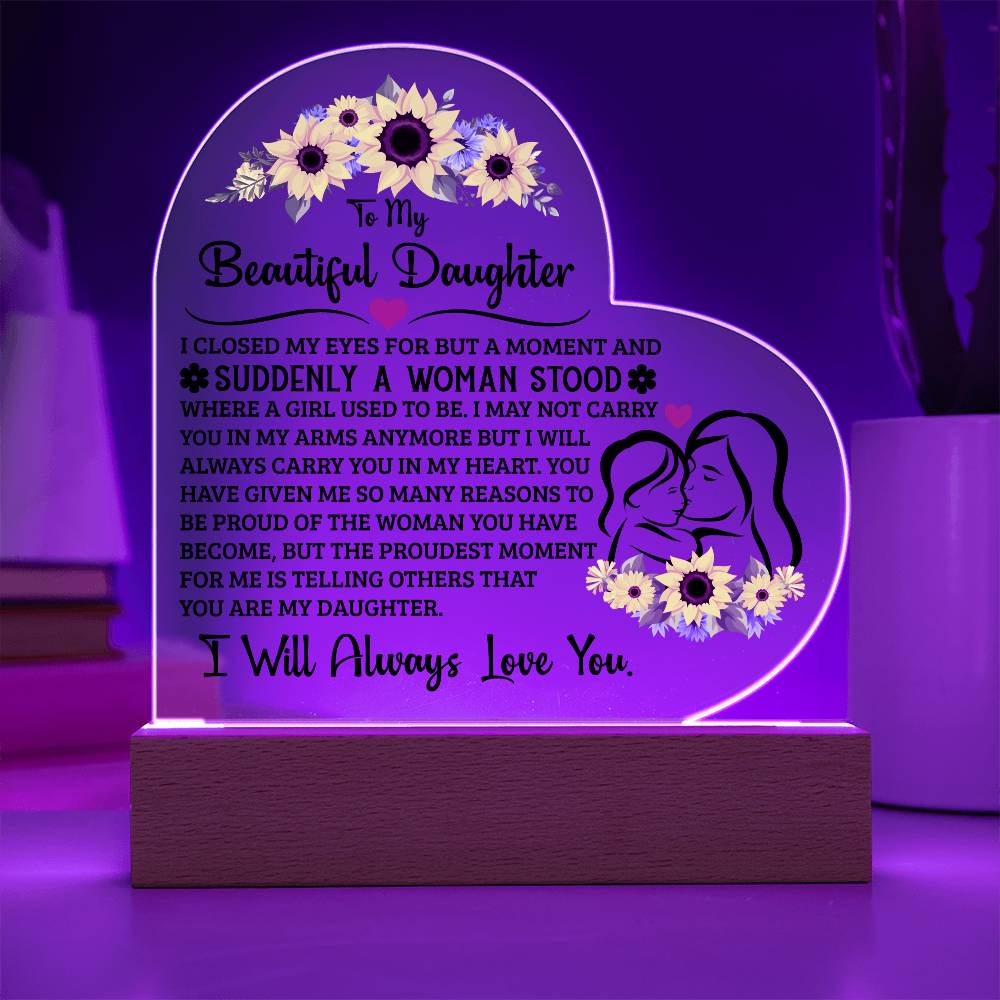 To My Daughter I Am Proud of You Heart-Shaped LED Plaque