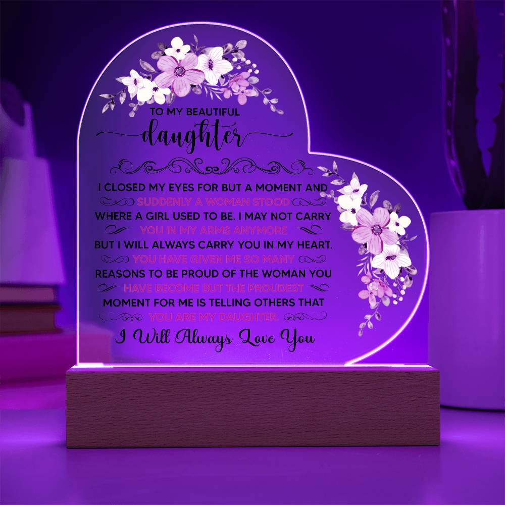 To My Beautiful Daughter – Heart-Shaped LED Acrylic Plaque