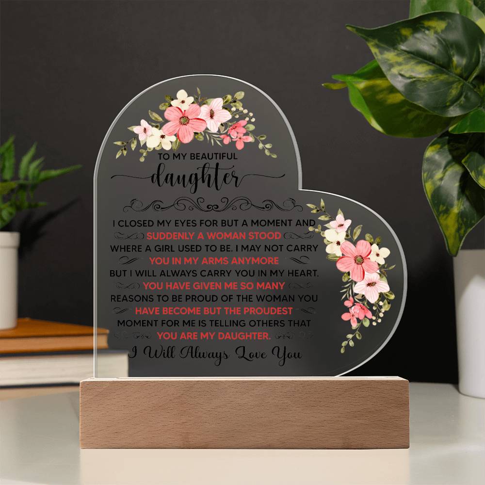 To My Beautiful Daughter – Heart-Shaped LED Acrylic Plaque