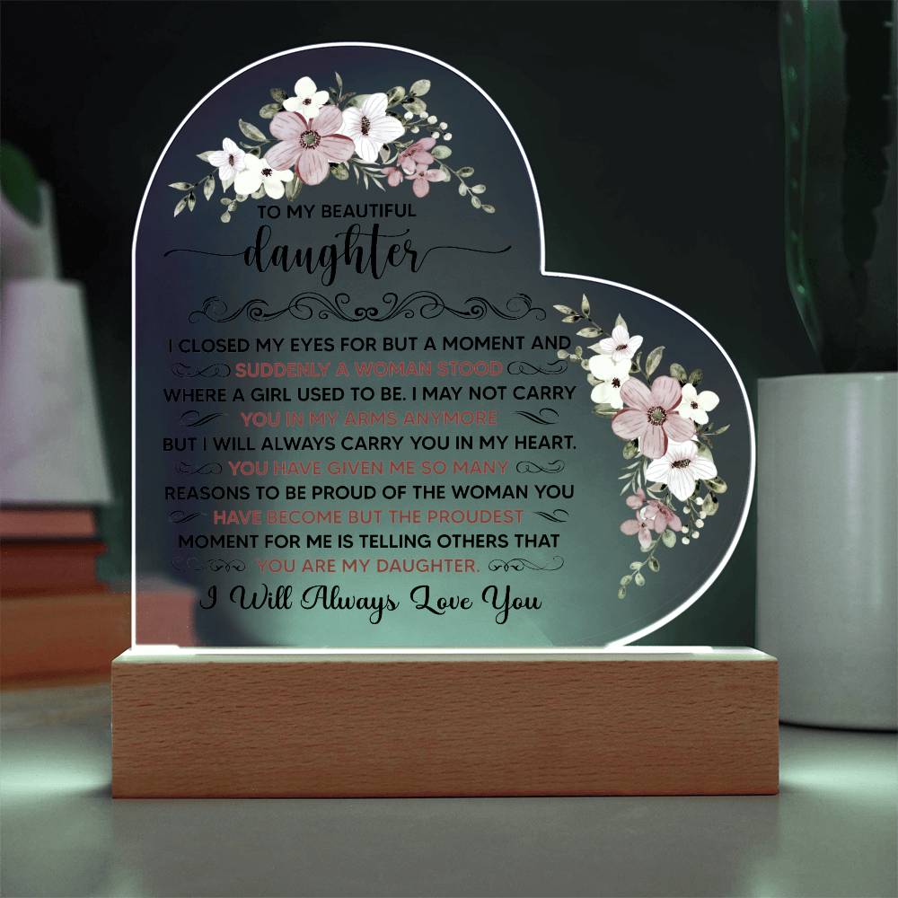 To My Beautiful Daughter – Heart-Shaped LED Acrylic Plaque
