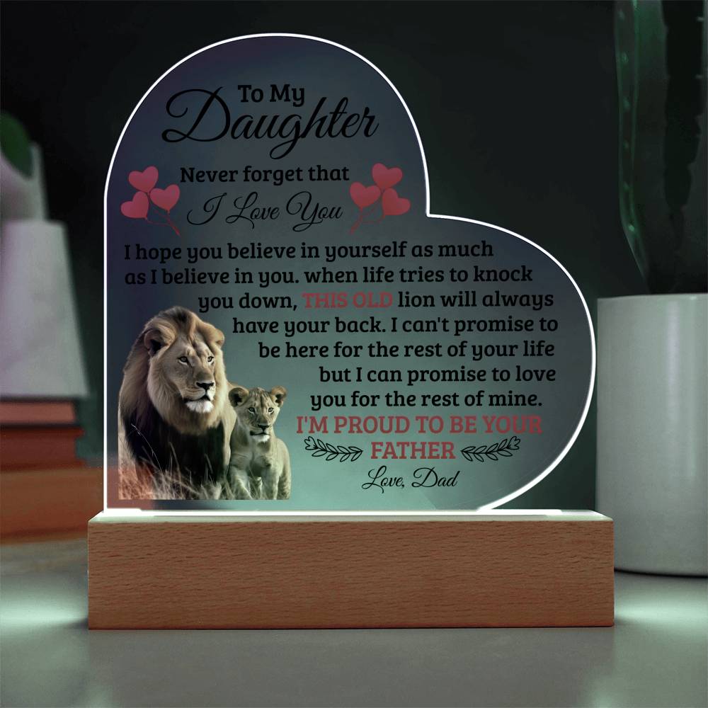 To My Daughter This Old Lion Has Your Back Heart-Shaped LED Plaque From Dad