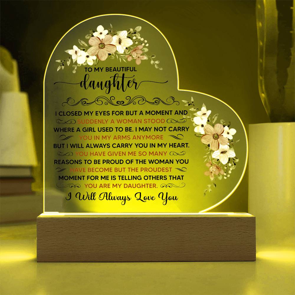 To My Beautiful Daughter – Heart-Shaped LED Acrylic Plaque