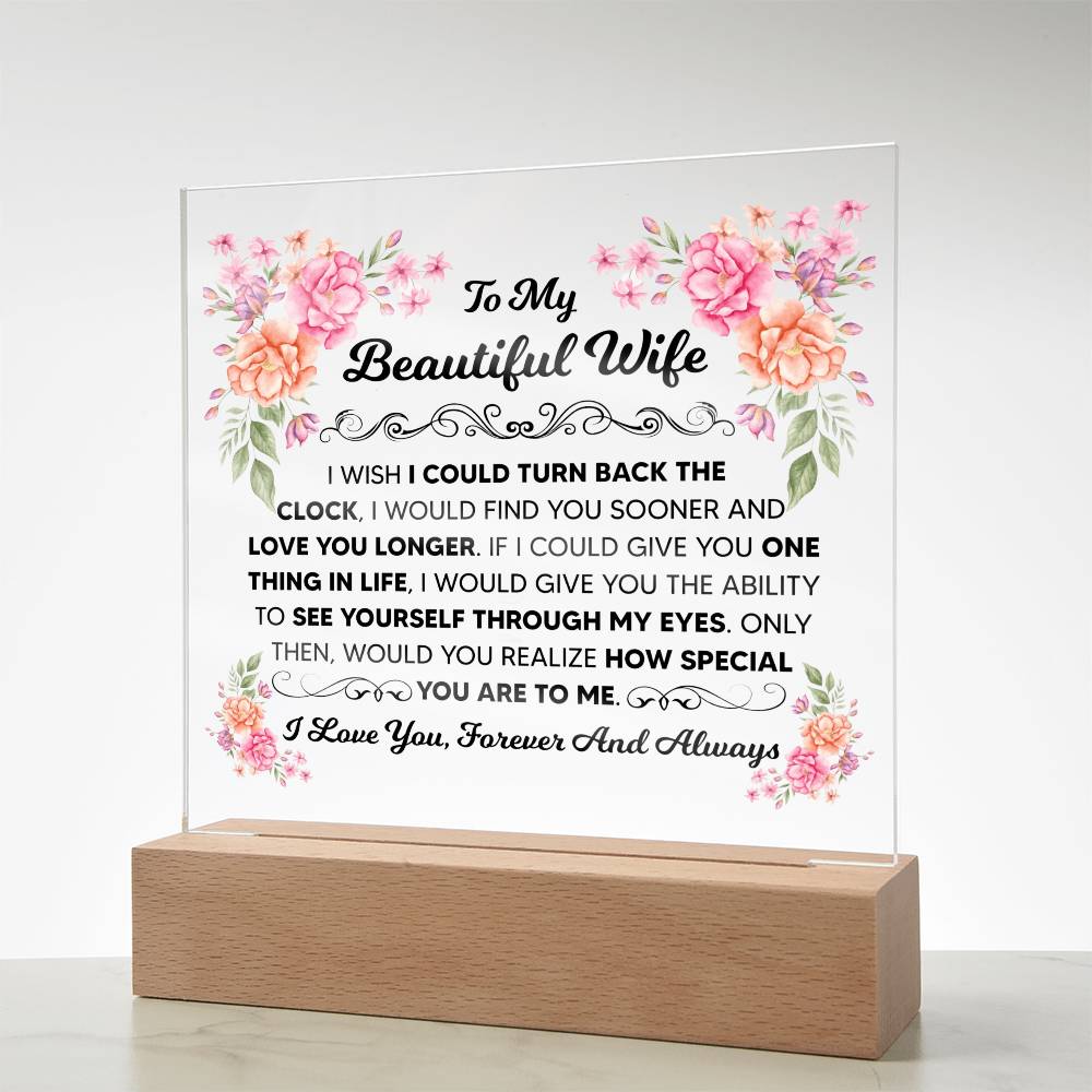 Romantic husband-to-wife acrylic plaque shown in a softly lit display.