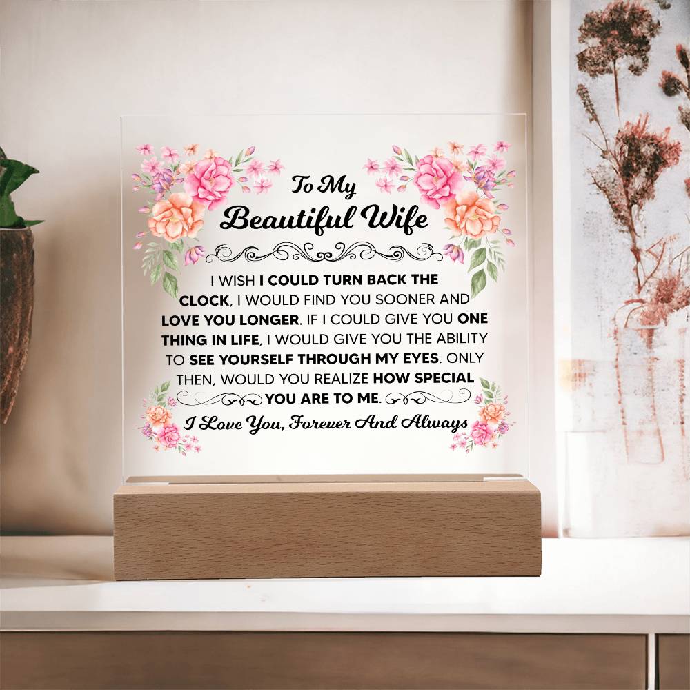 Complete LED acrylic plaque gift for a beloved wife with floral message design.