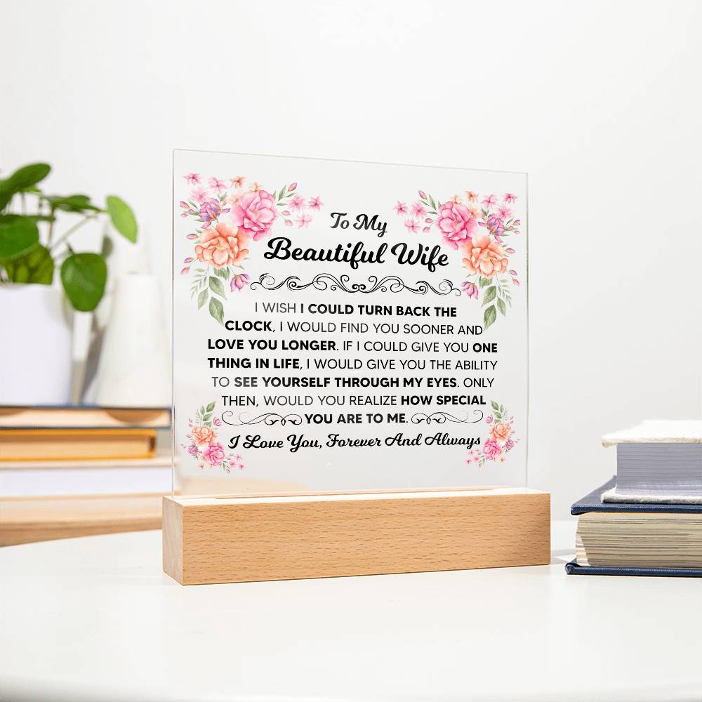 Wooden LED base and acrylic display details for the romantic wife plaque.