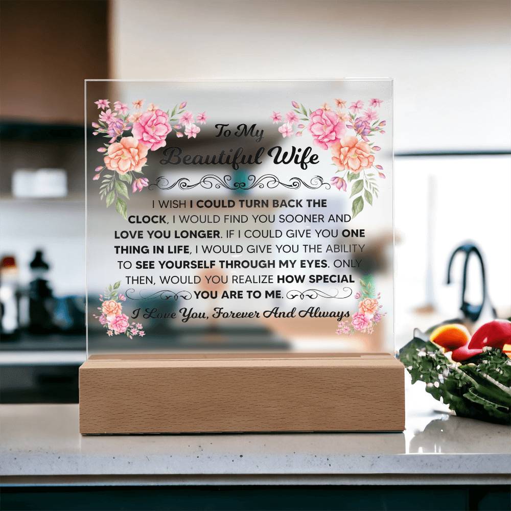 Find You Sooner Love You Longer wife plaque with pink and peach floral accents.
