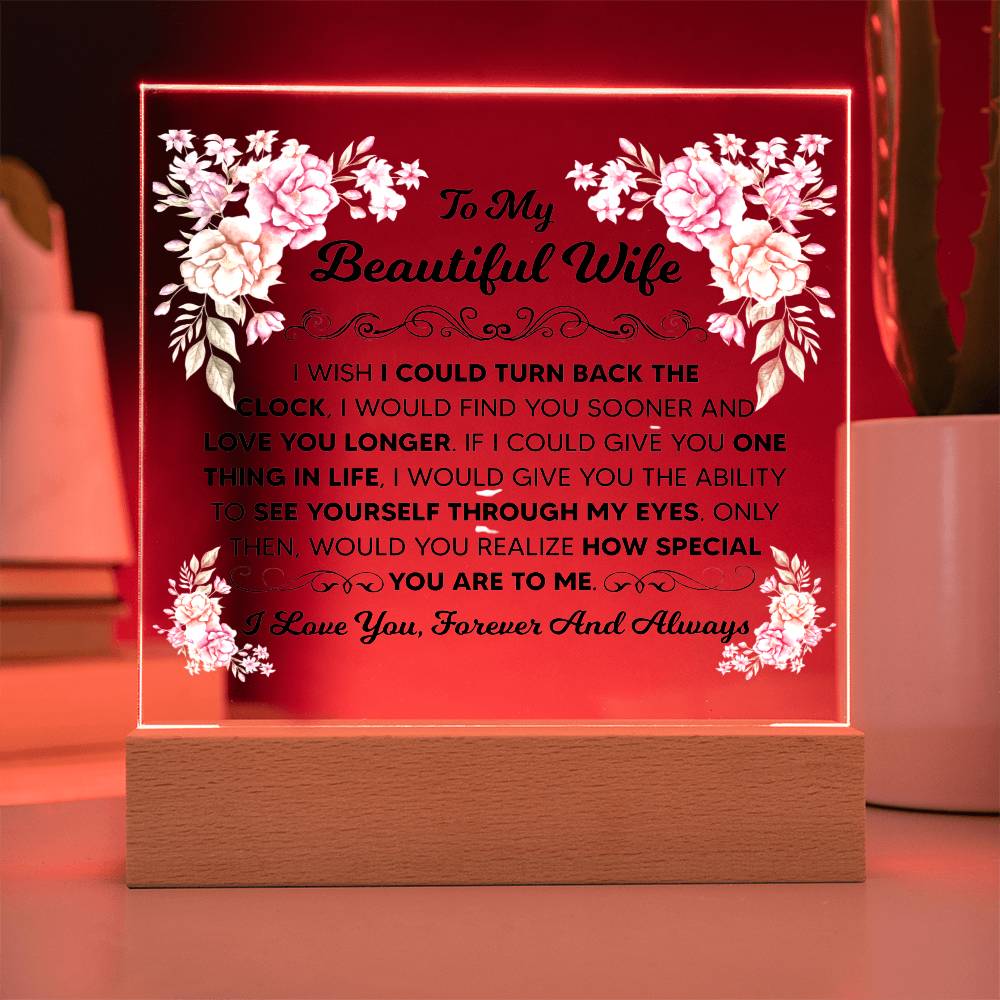 Premium clear acrylic wife plaque with printed flowers and romantic wording.