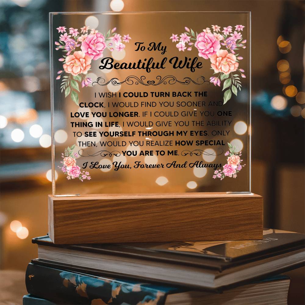 Romantic wife message plaque illuminated on a wooden LED base.