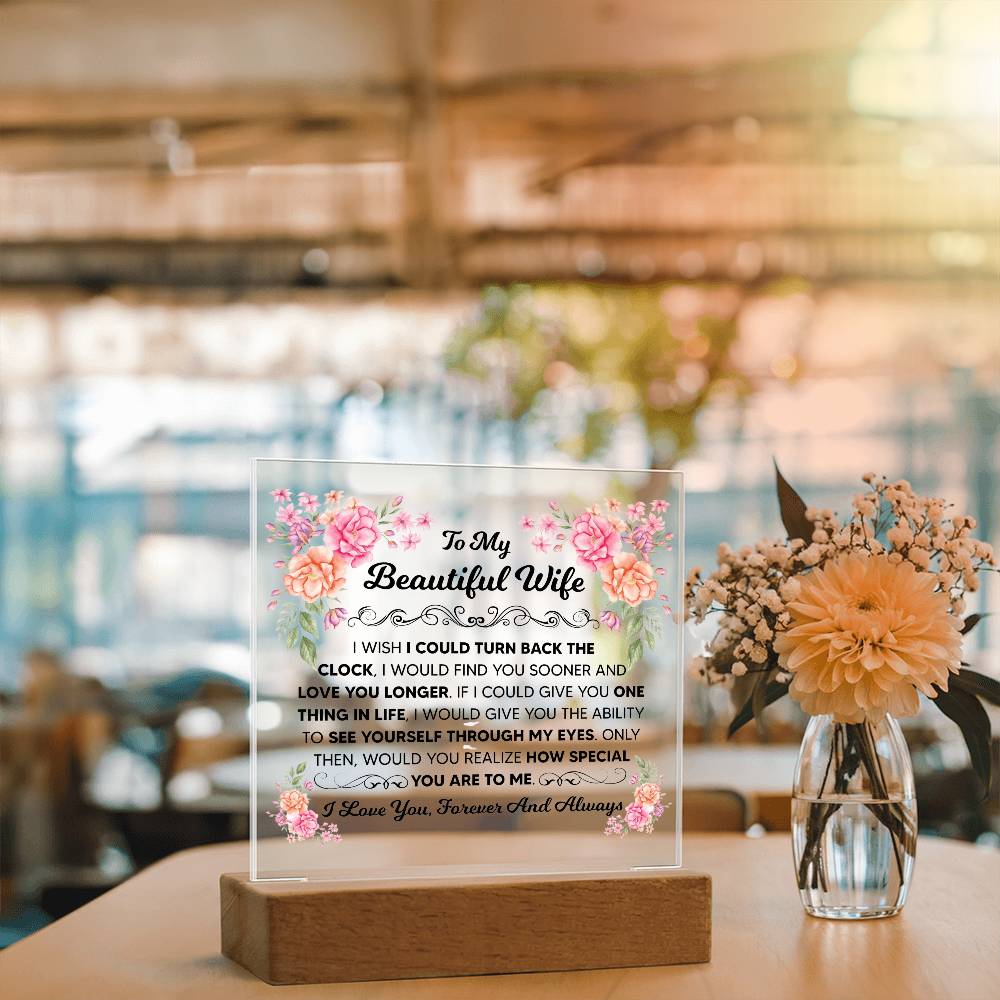 Detailed view of the floral artwork and love message on the wife acrylic plaque.